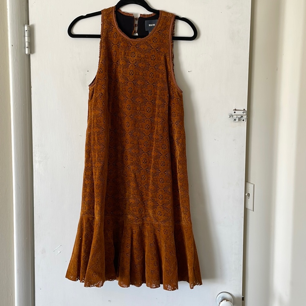 Anthropologie Rust/Burnt Orange Velvet Lace Shift Dress Size 6